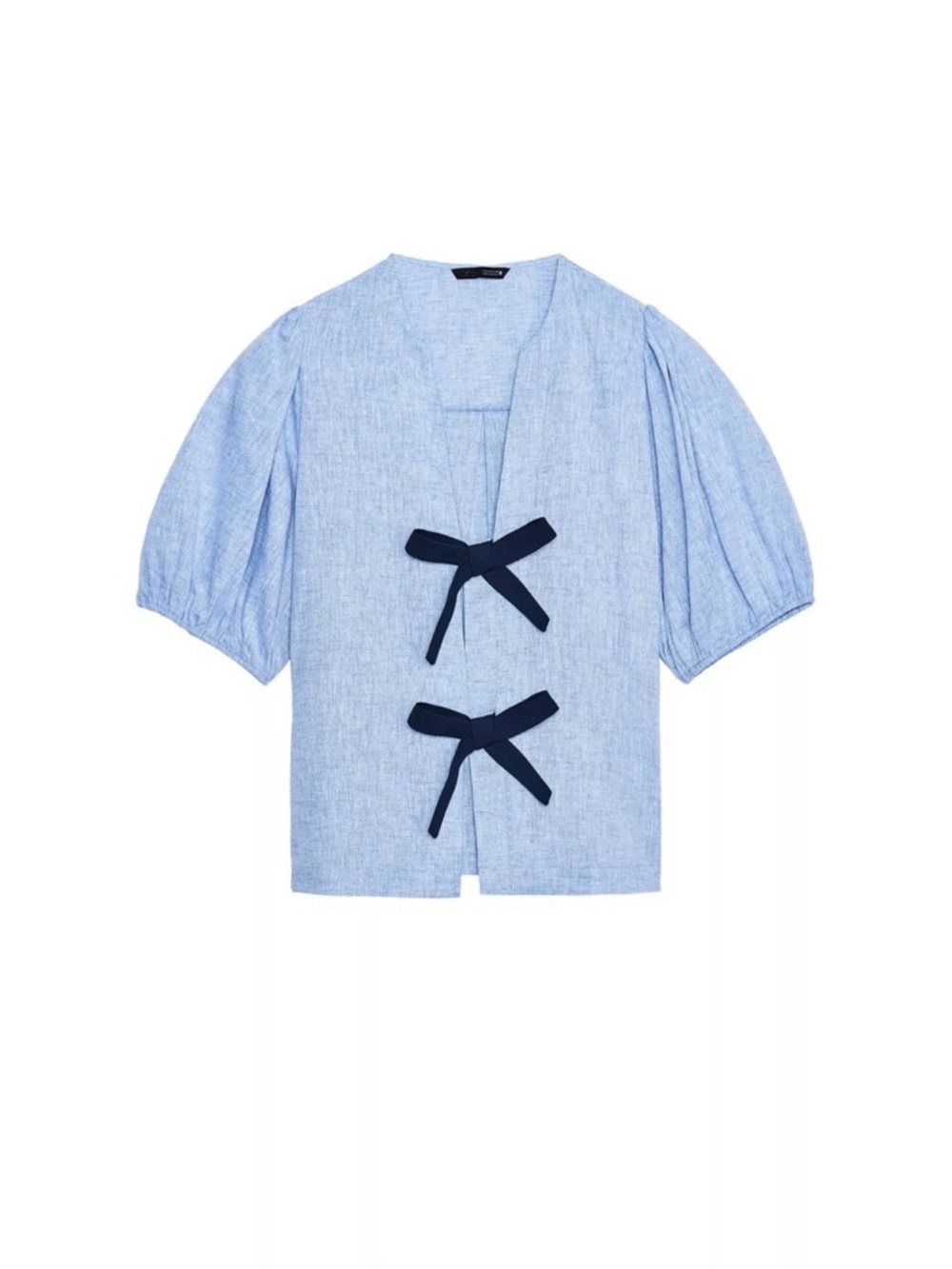 Zara Linen Puff Sleeve Blue Bow Shirt Size S